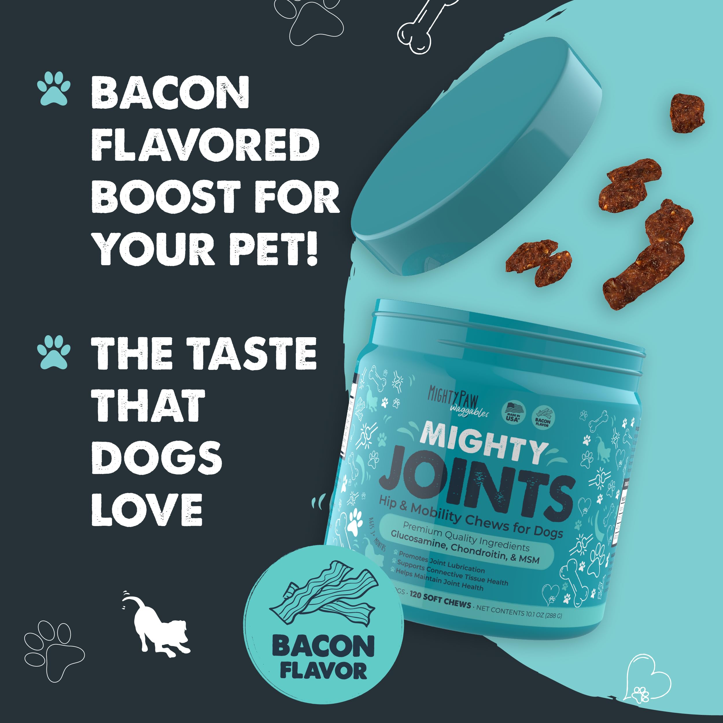 Vet-formulated Mighty Paw Waggables manufactured in the USA