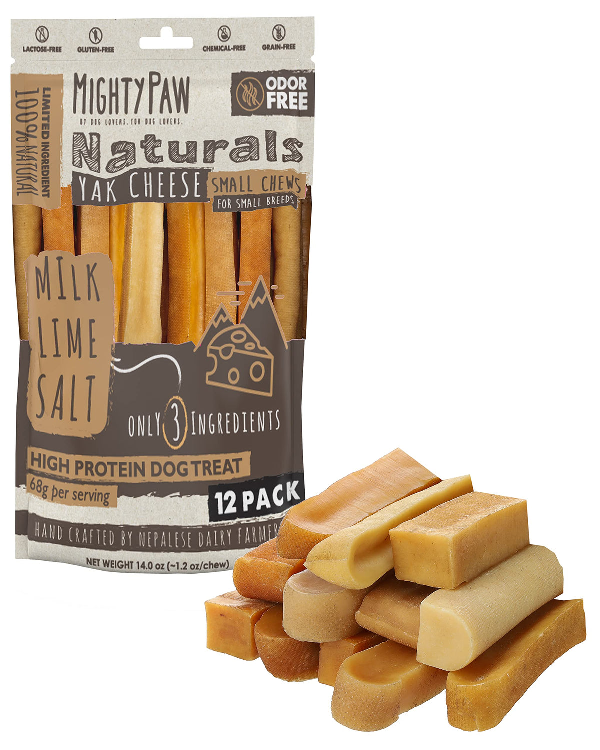 Mighty Paw Yak Cheese Chews ingredients closeup highlighting 3-ingredient formula for sensitive stomachs.