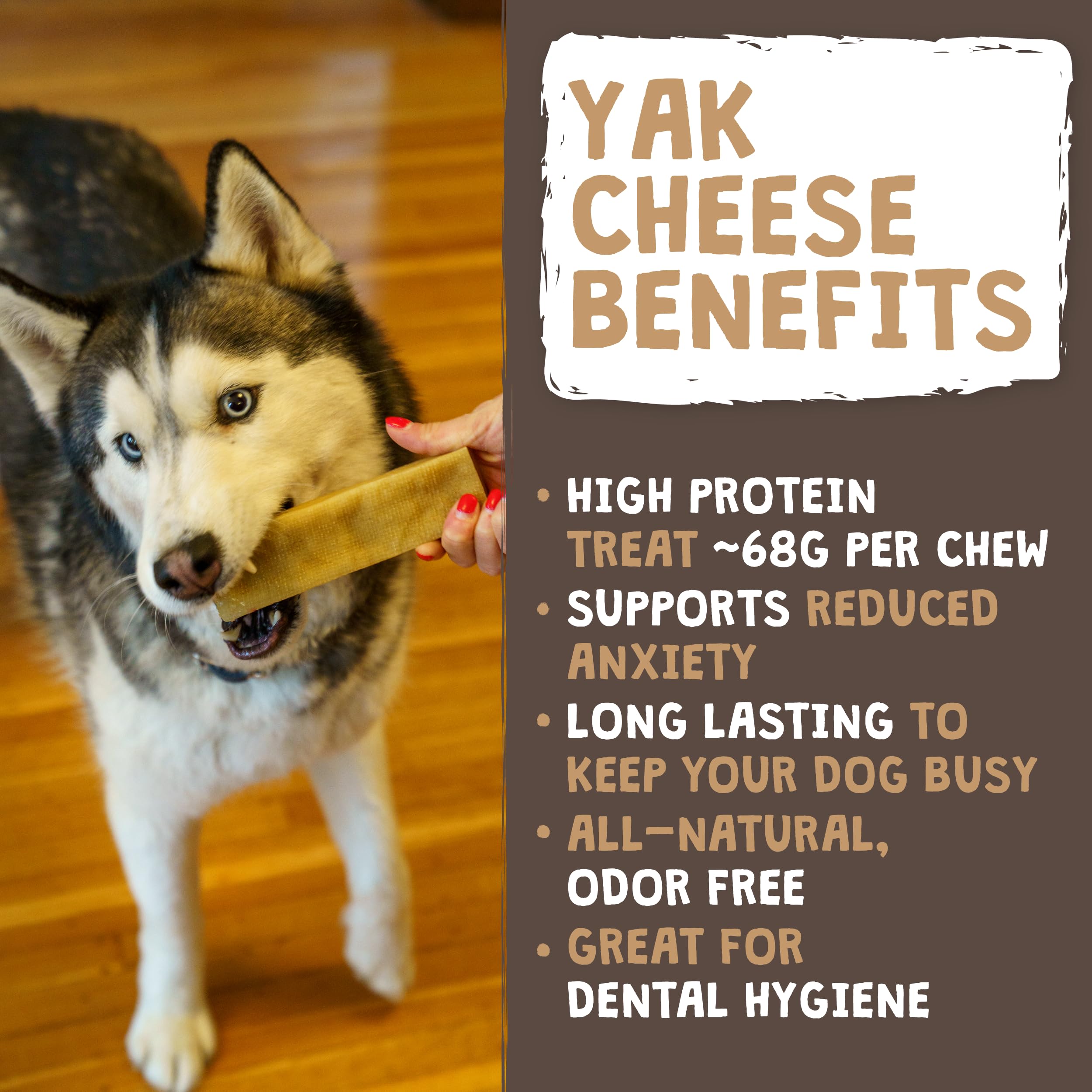 Mighty Paw Yak Cheese Chews pack shot emphasizes long-lasting chew for teething puppies.