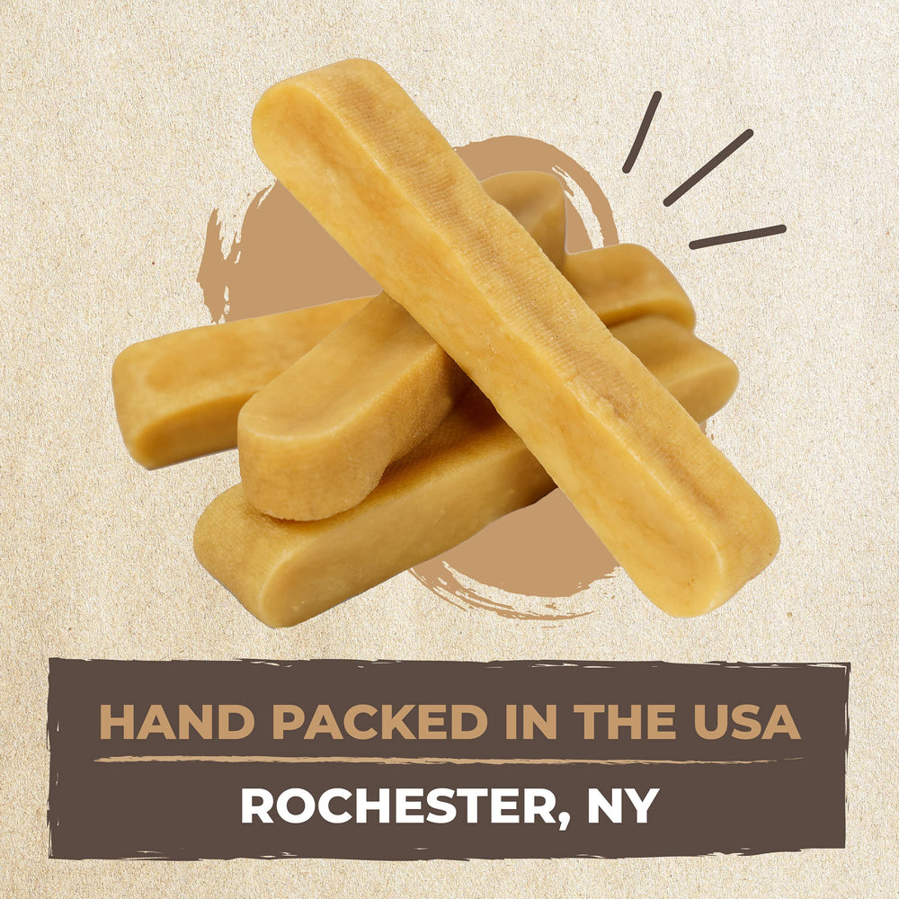 Mighty Paw Yak Cheese Chews safety tips graphic explains supervising and chunk removal.