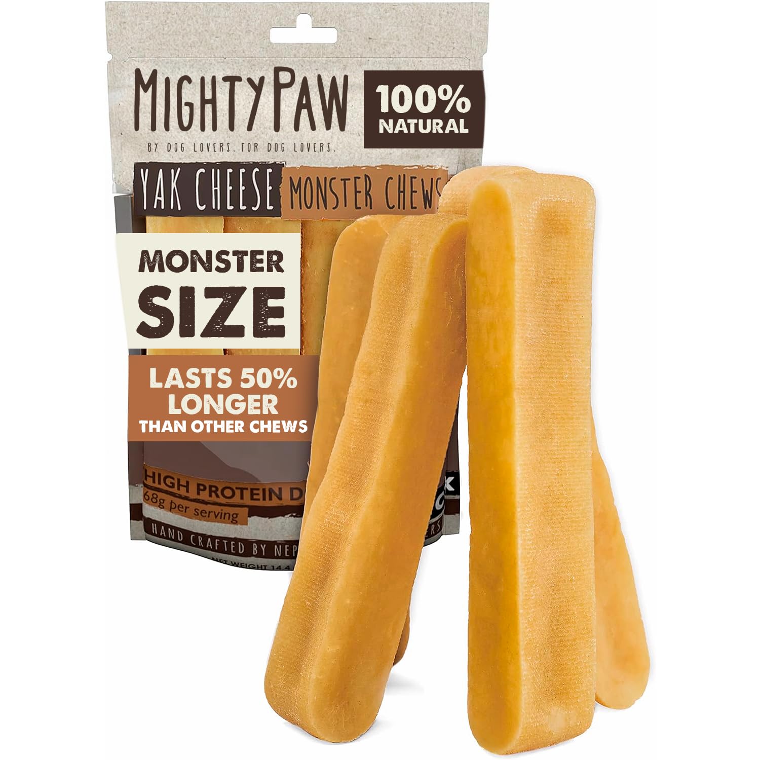 Mighty Paw Yak Cheese Dog Chews hero packaging highlights all-natural ingredients for long-lasting canine treats