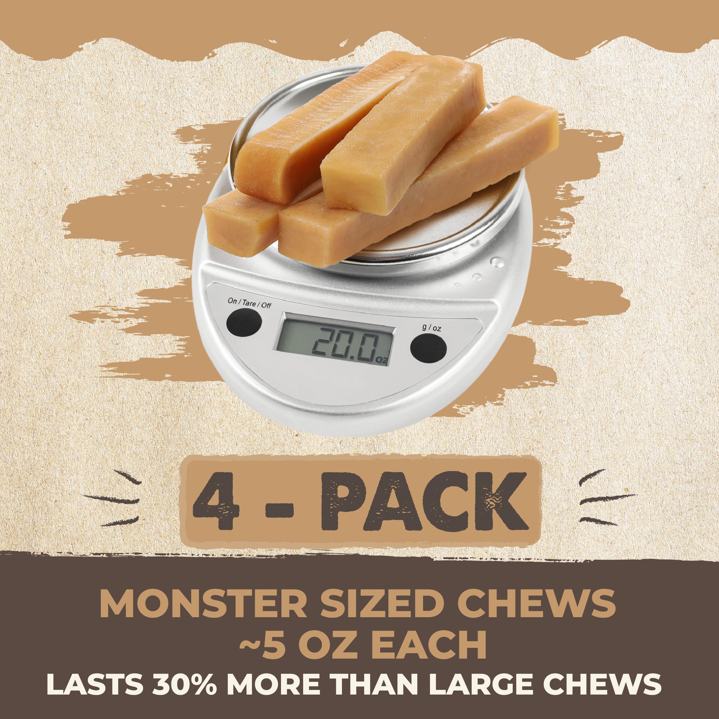 Mighty Paw Yak Cheese Dog Chews close-up shows creamy yak cheese sticks ideal for sensitive stomachs
