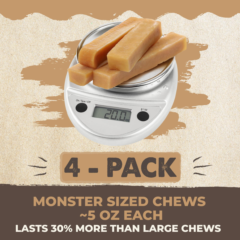 Mighty Paw Yak Cheese Dog Chews close-up shows creamy yak cheese sticks ideal for sensitive stomachs