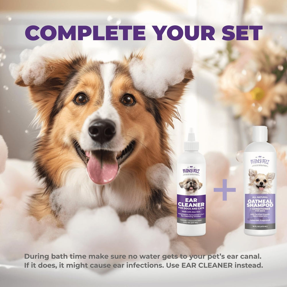 Mighty Petz gentle ear wash with lavender scent for regular pet ear care.
