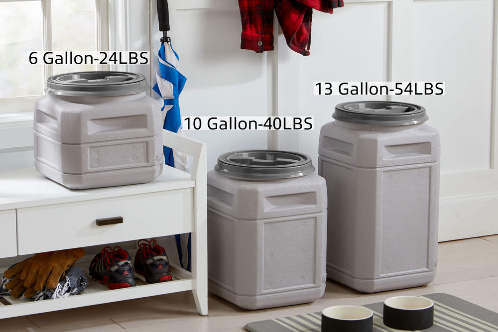 Lid and handles emphasize everyday ease in pet food storage.