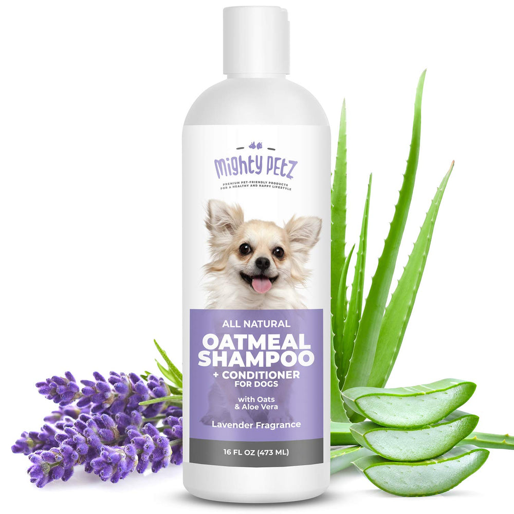 Mighty Petz 2in1 oatmeal shampoo bottle with soothing lather for dry, itchy skin