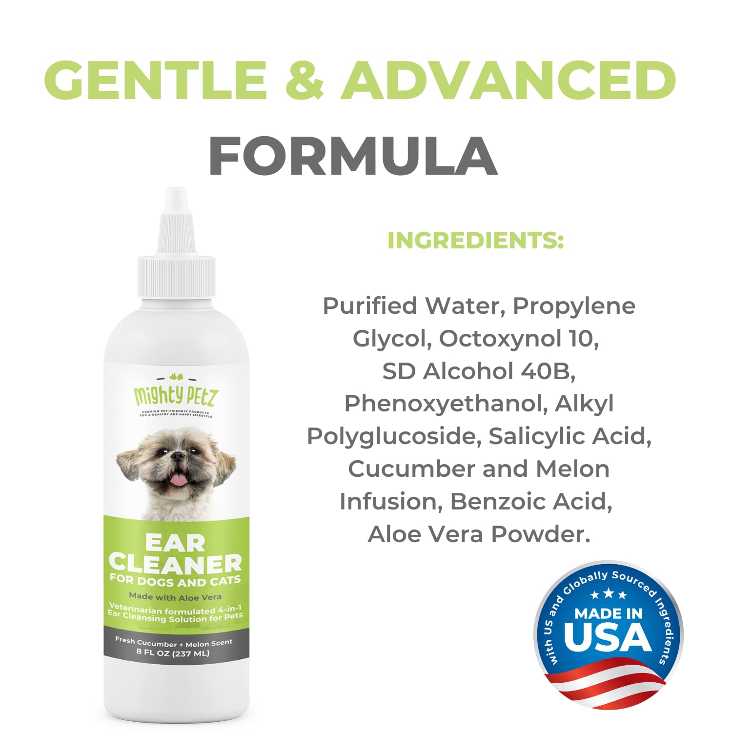 Mighty Petz cucumber melon scent bottle illustrating deodorizing ear cleansing.