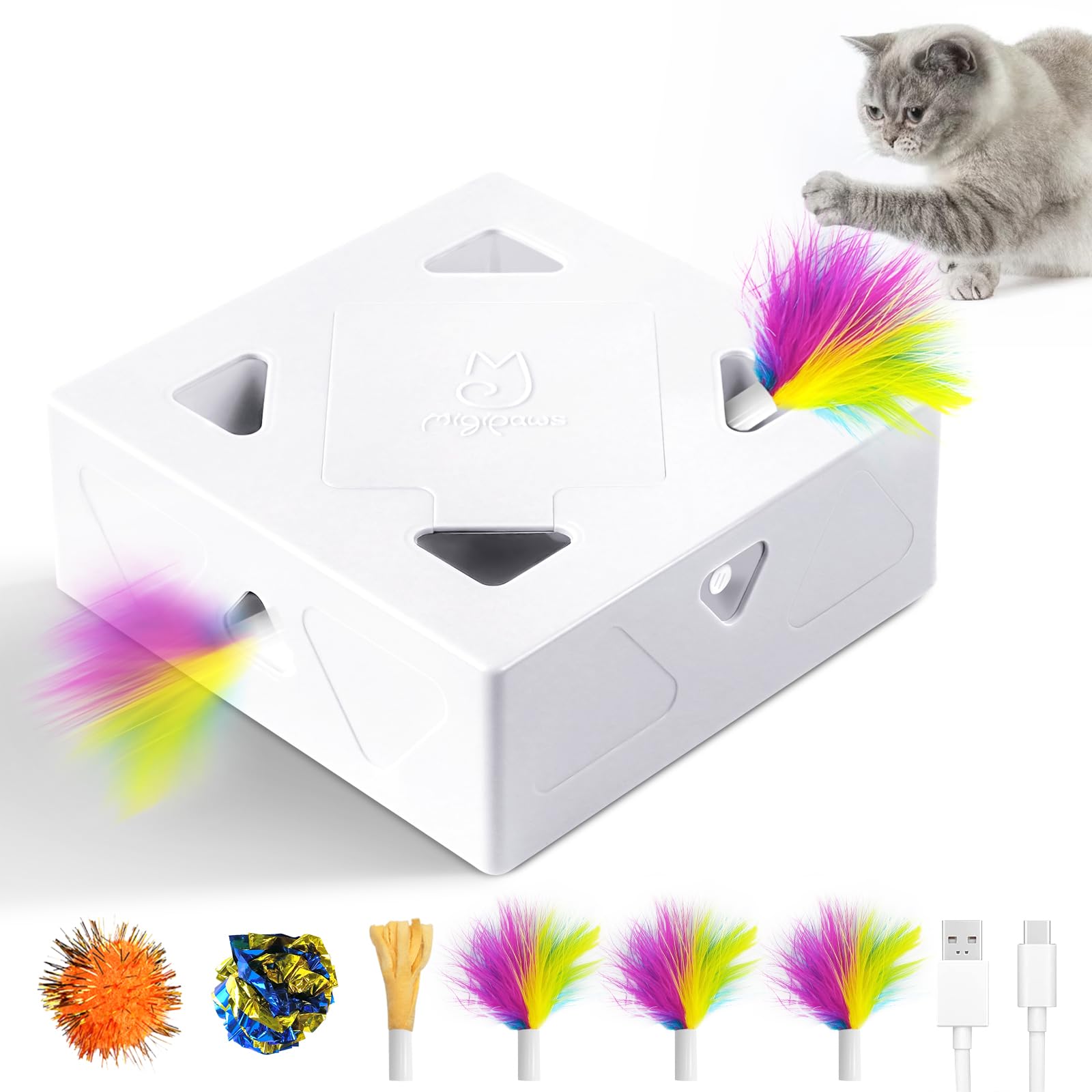 Migibox interactive toy with feathers popping from holes for engaging play.