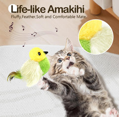 Migipaws Amakihi bird toy suspended by elastic cord simulates aerial prey