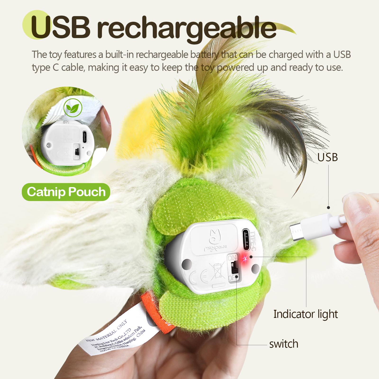 Migipaws Amakihi bird toy USB C rechargeable for quick, battery-free sessions