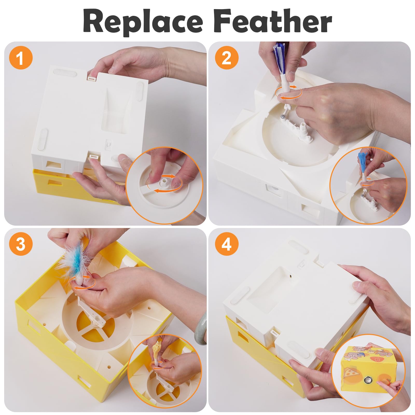 Migipaws replaceable attachments include feathers and ribbons for varied play