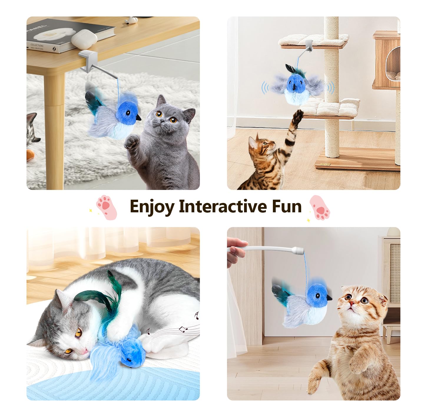 Migipaws interactive bird toy chirping action activates with motion for self-play.