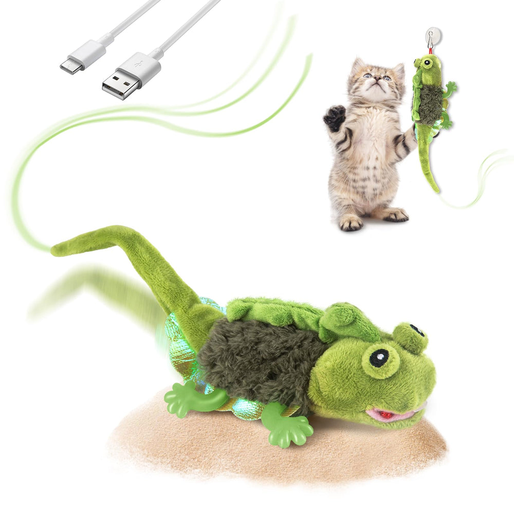 Migipaws lizard toy flapping and chirping for indoor cat play.