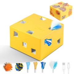 Migipaws Migibox cat toy with PopSkin shows feathers in motion for interactive play
