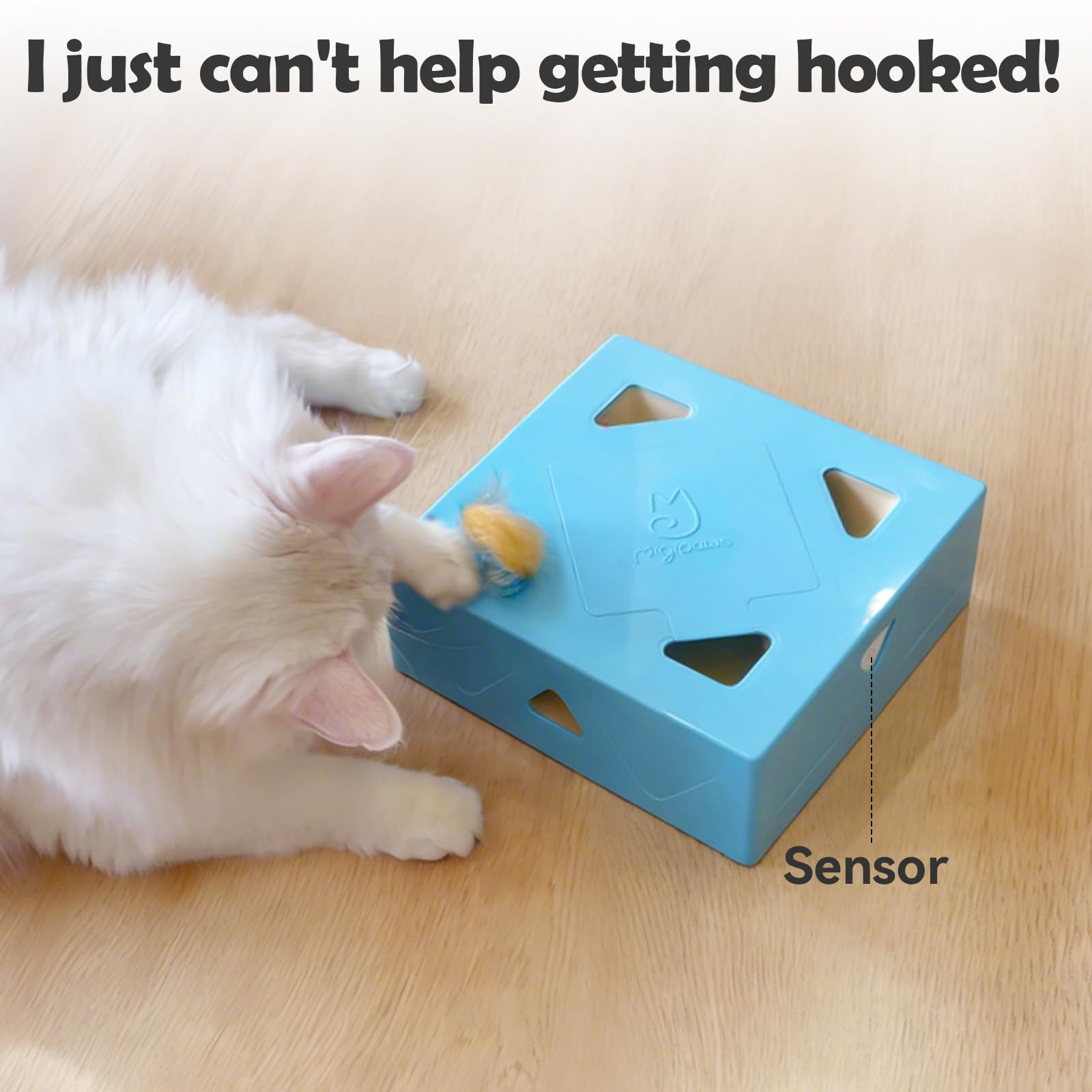 Migipaws Migibox with popping feathers, stimulating hunting instincts in indoor cats.