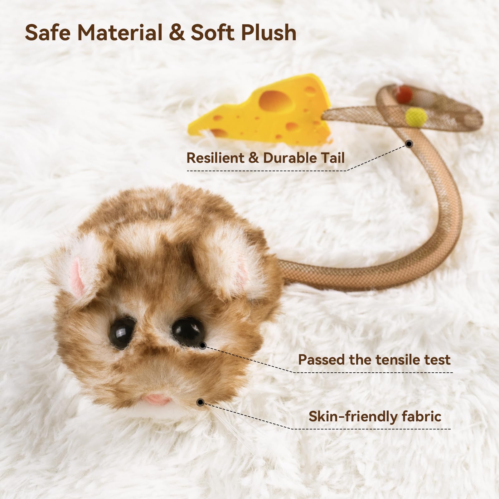 Migipaws MigiMouse realistic squeak enhances chase appeal.