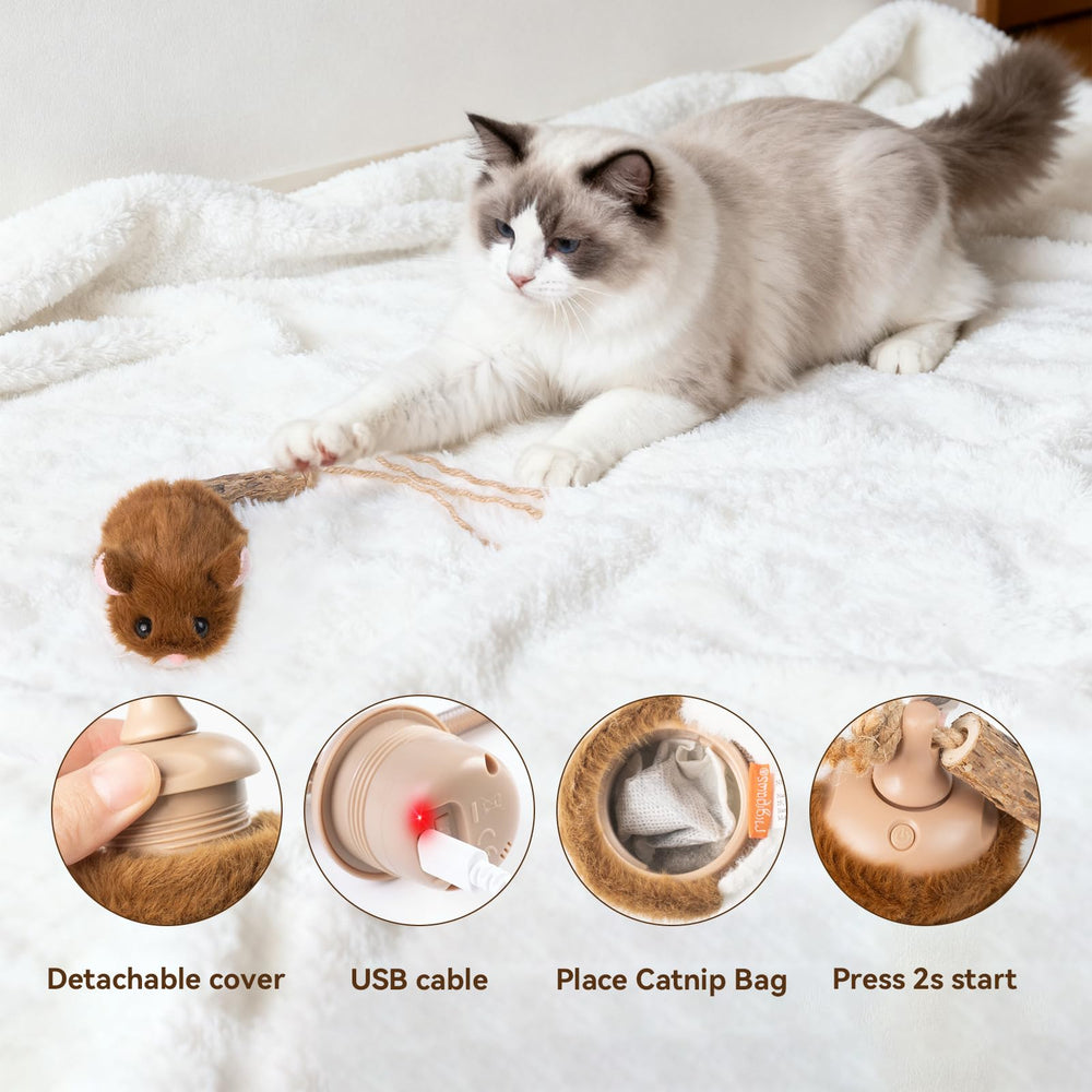 Rechargeable battery powers extended play with Migipaws MigiMouse.