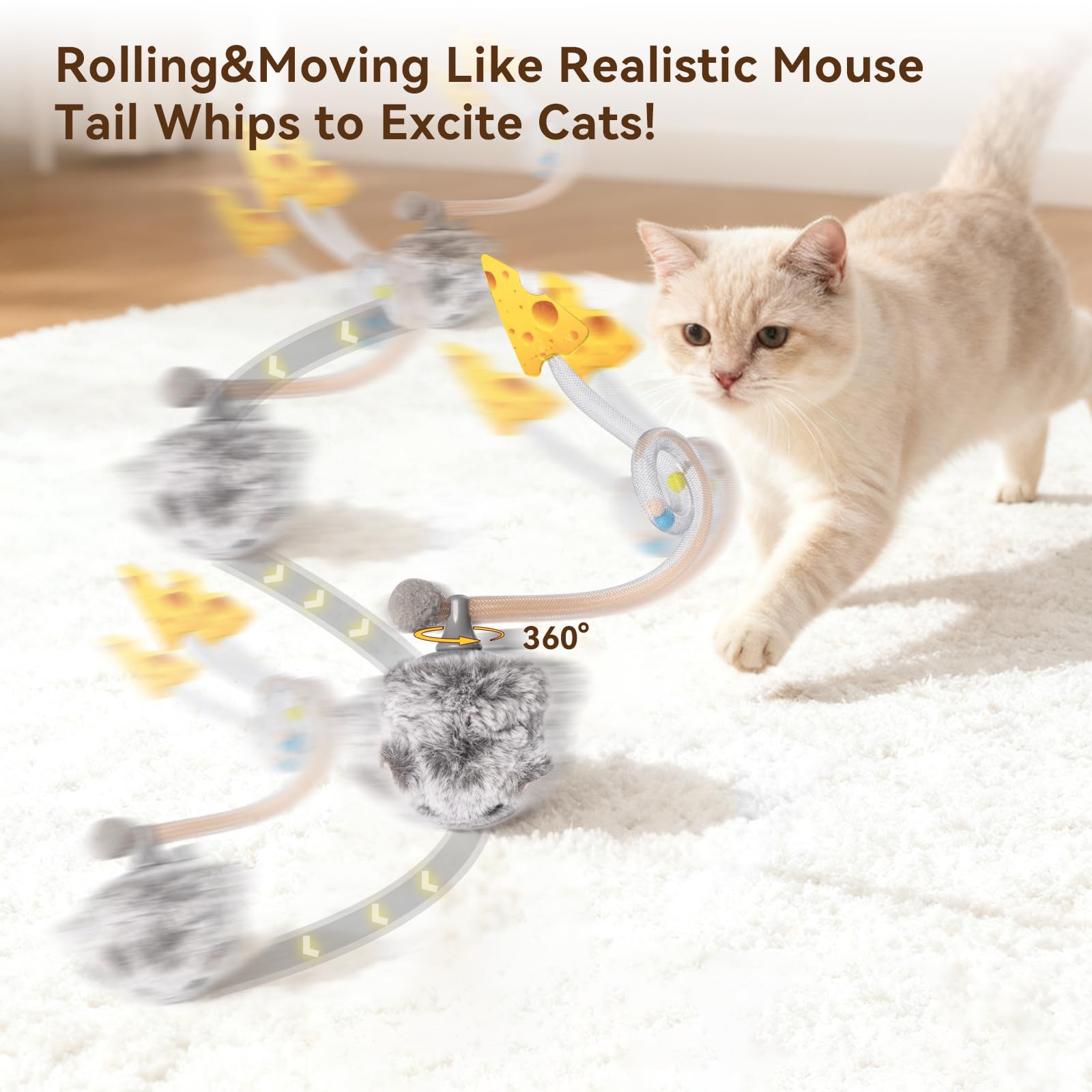 Migipaws MigiMouse tail wiggle in motion, attracting cat attention.
