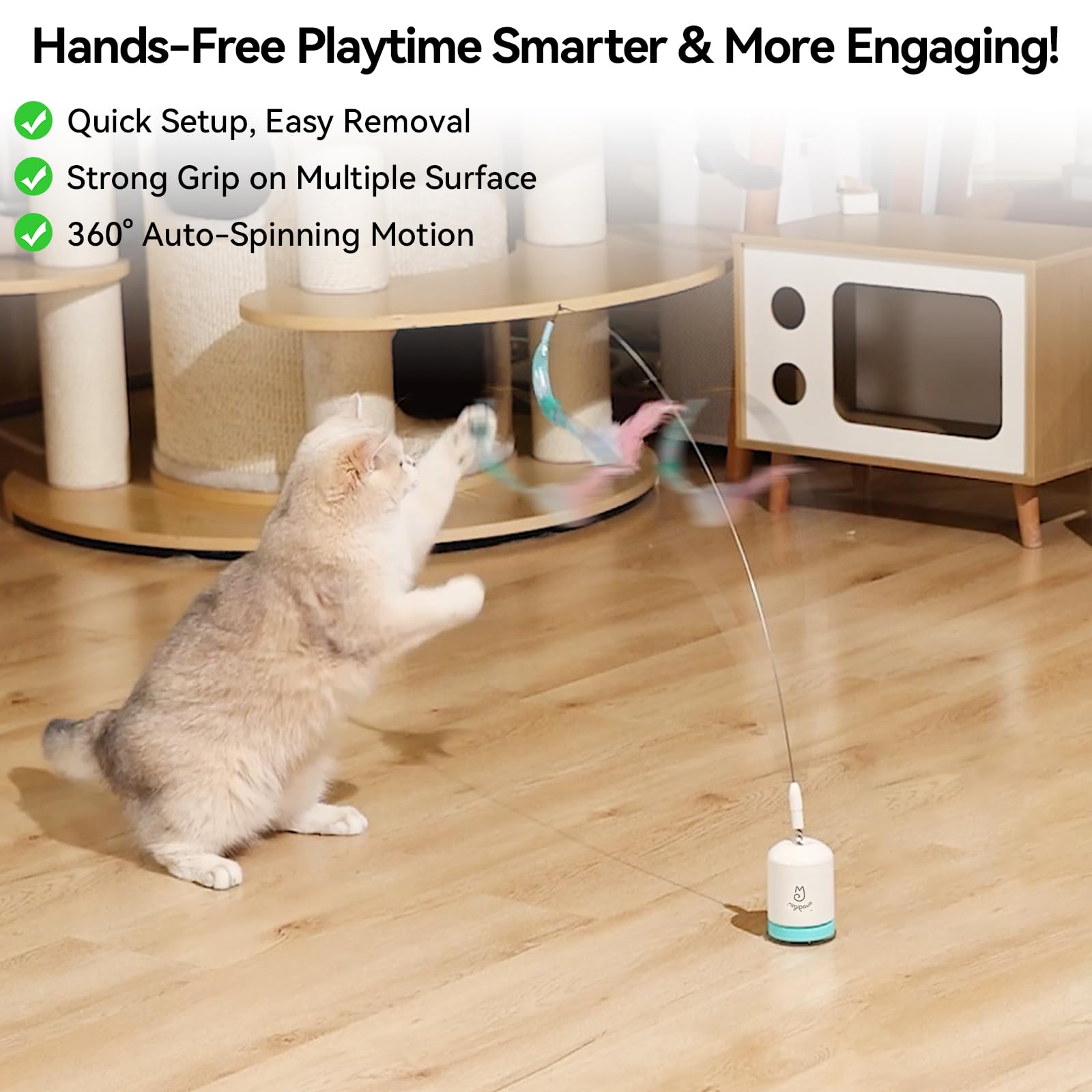 Migipaws rechargeable battery powers up to two weeks of play between charges.