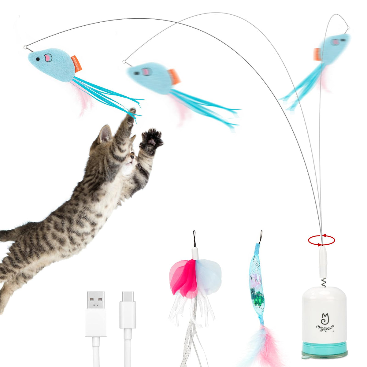 Migipaws teaser wand with strong suction secures to floors for hands-free play.