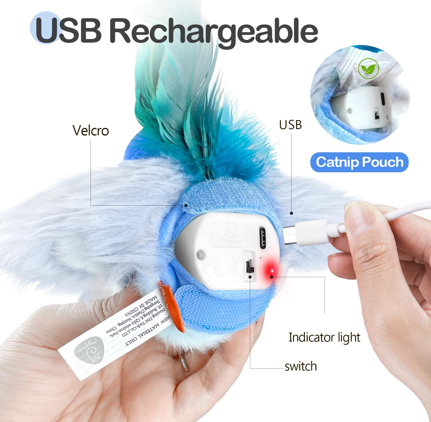 Migipaws USB-C rechargeable bird toy ready for continuous play.
