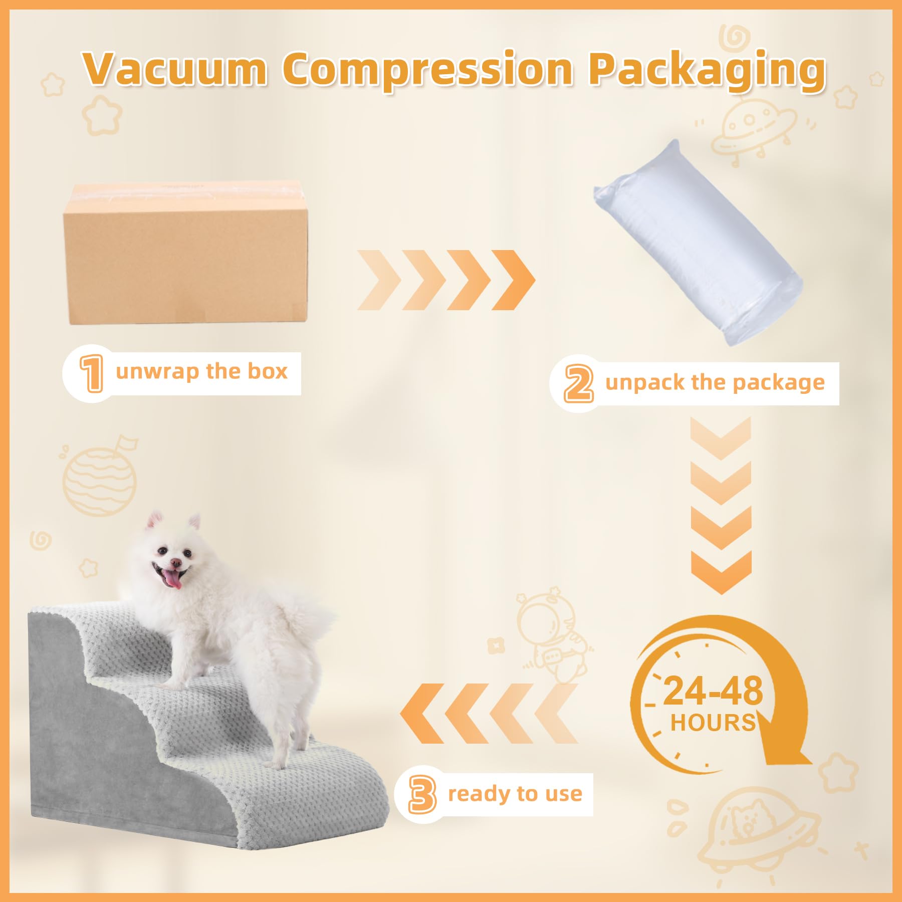 MIHIKK ready-to-use pet stairs arrive vacuum-packed and expand to full height.