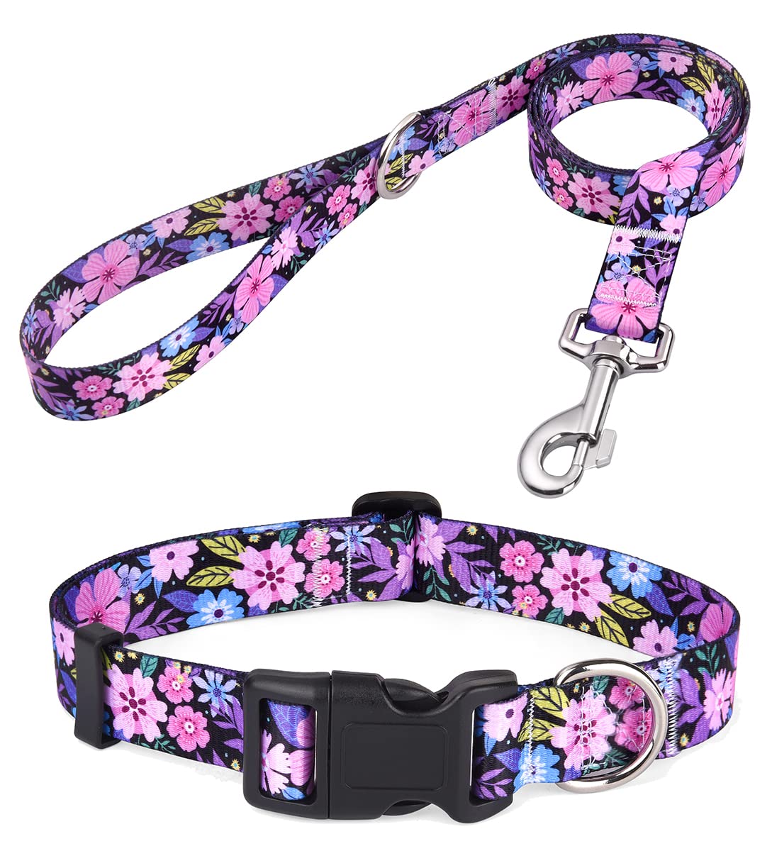 Mihqy dog collar and leash set side view with Bohemian pink floral pattern for stylish walks