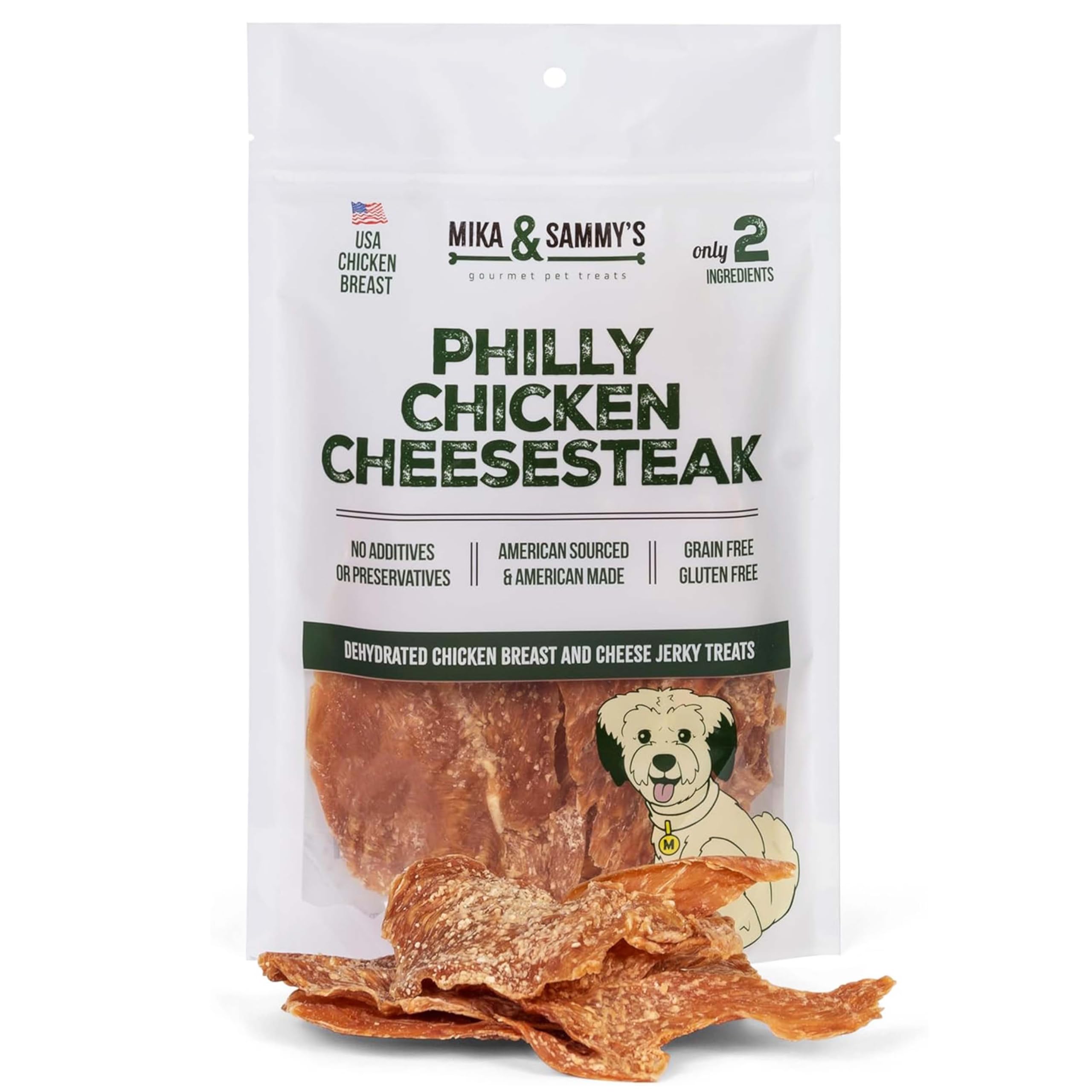 Mika and Sammy's gourmet jerky packaging in 5-oz size for premium dog rewards.