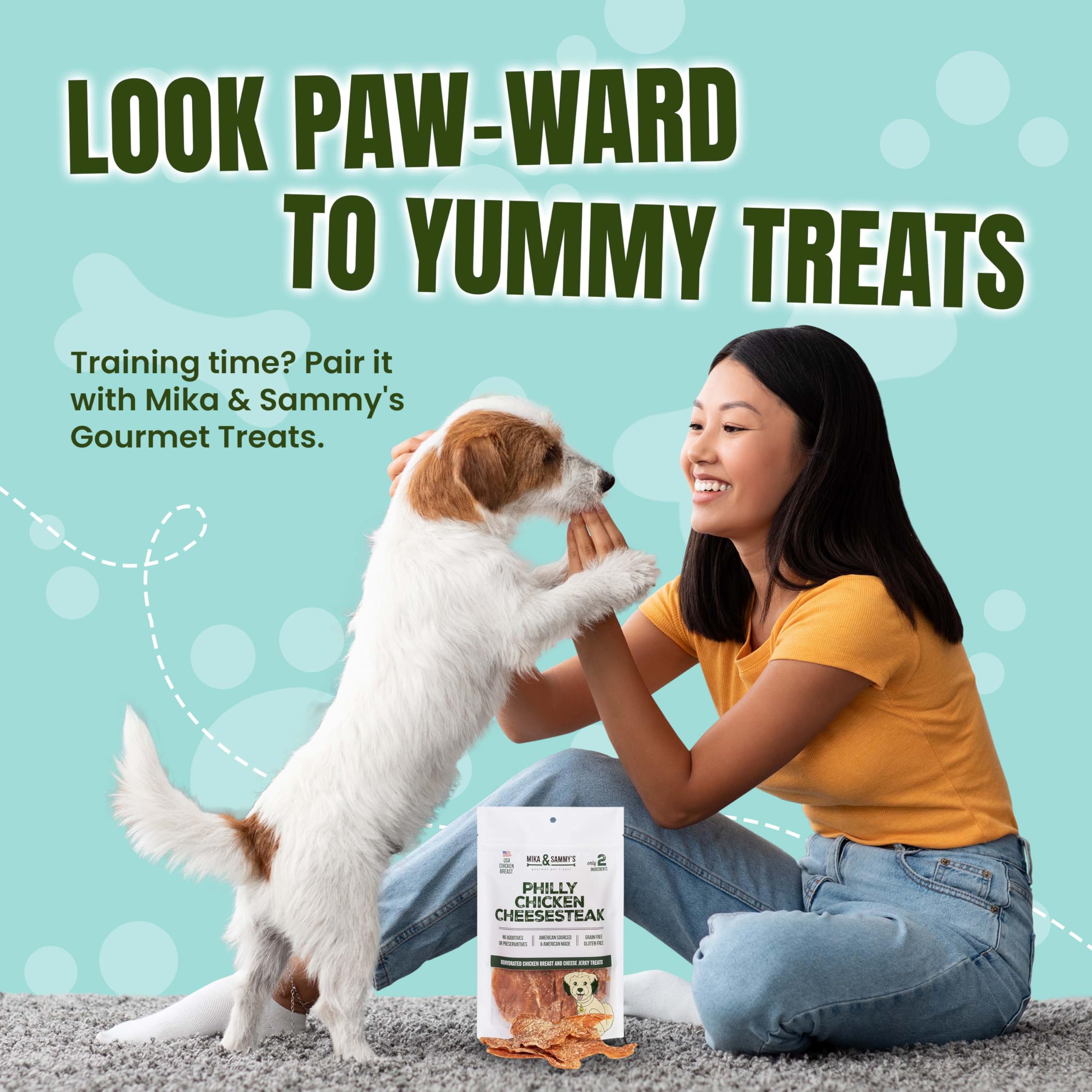 Pet owner using Mika and Sammy's jerky as a training reward for good behavior.
