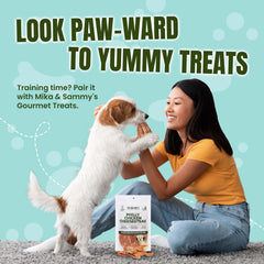Pet owner using Mika and Sammy's jerky as a training reward for good behavior.
