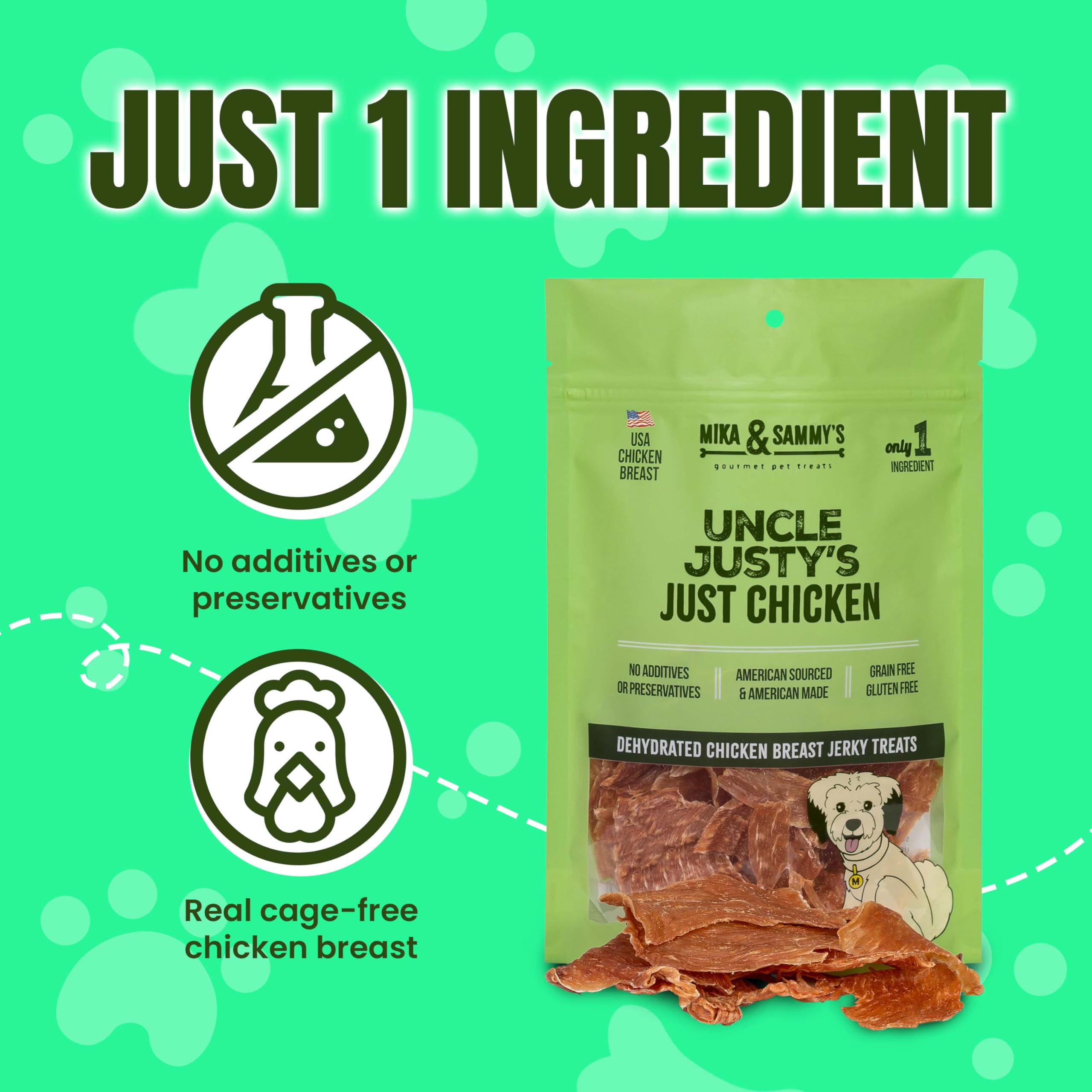 Mika and Sammy's ingredients in a glass bowl emphasize no artificial additives.