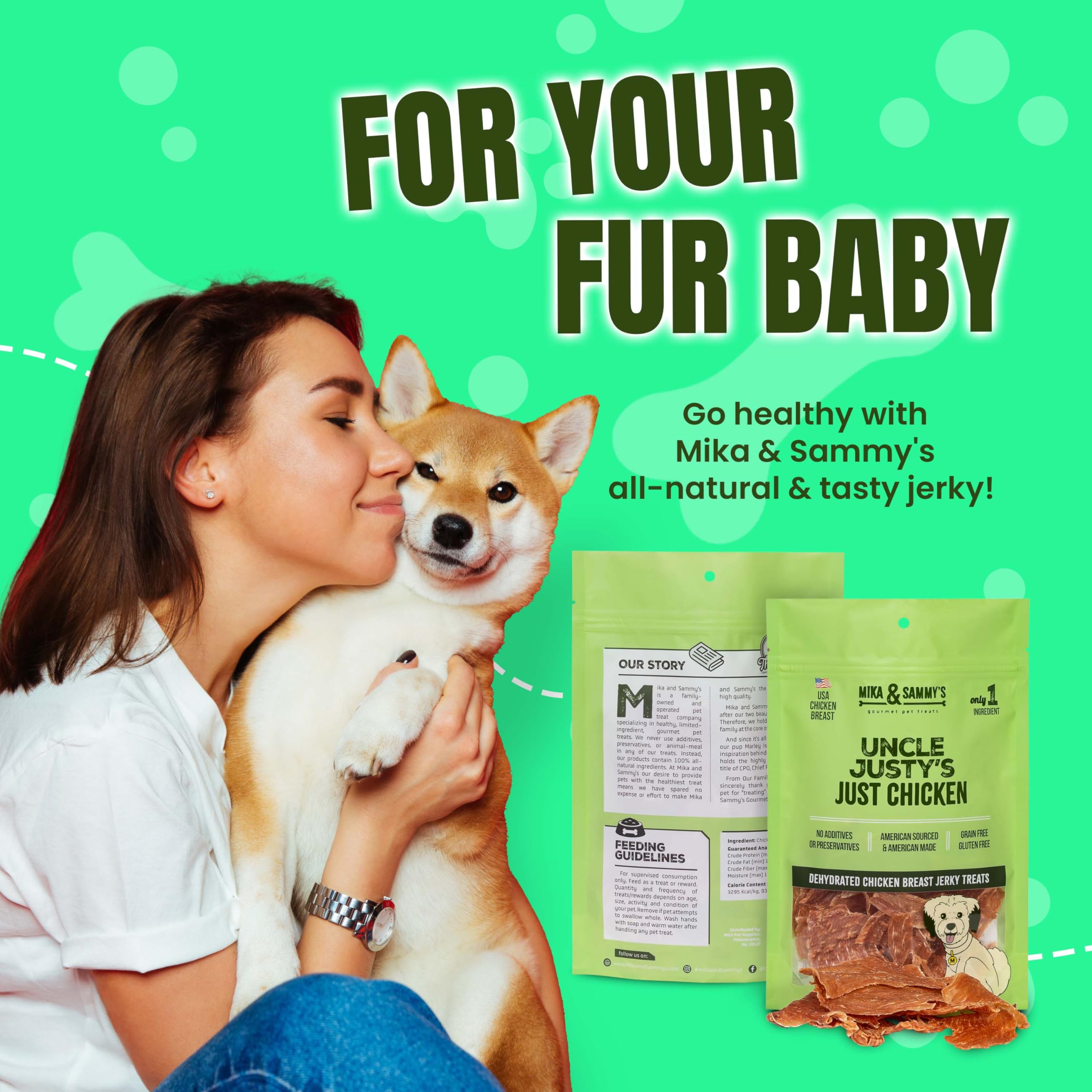 Mika and Sammy's Just Chicken jerky slices close-up highlighting natural ingredients.