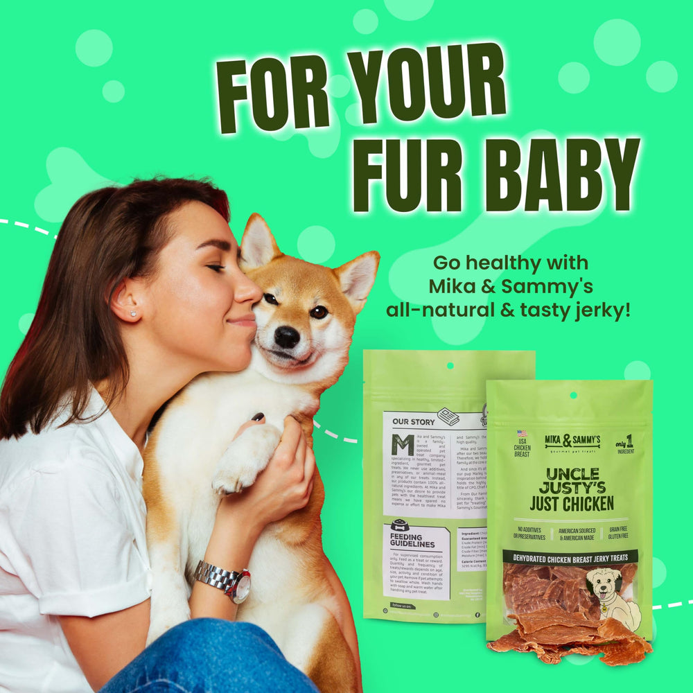 Mika and Sammy's Just Chicken jerky slices close-up highlighting natural ingredients.
