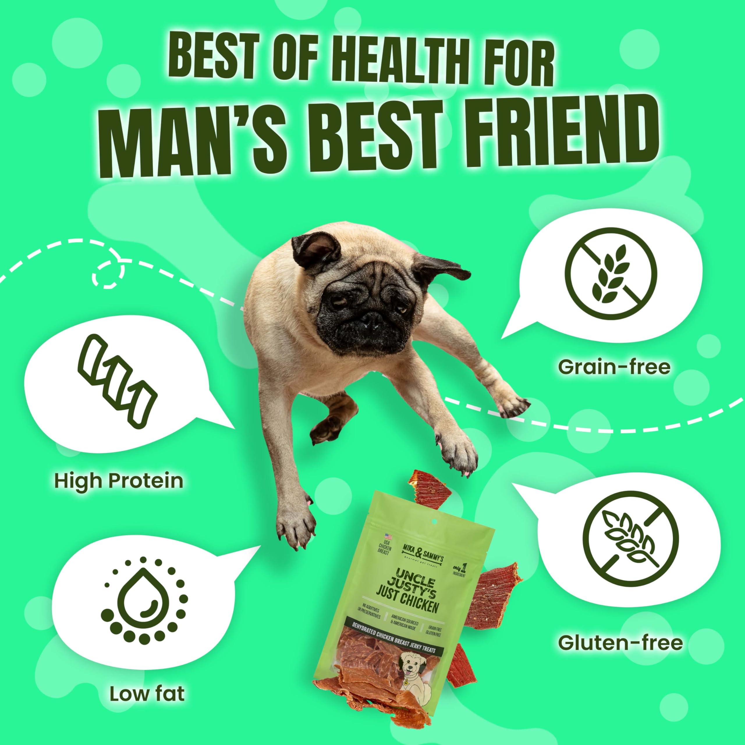 Mika and Sammy's organic chicken treats with organic label on packaging.