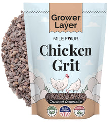 Mile Four Layer/Grower grit 4lbs packaging shown for poultry feeding.