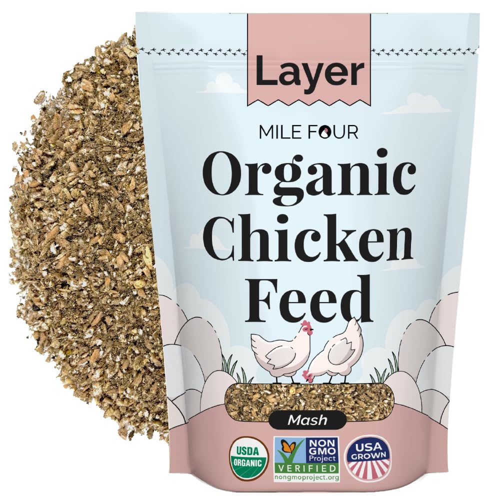 Mile Four Layer Mash bag highlighting organic, non-GMO feed from USA farms.
