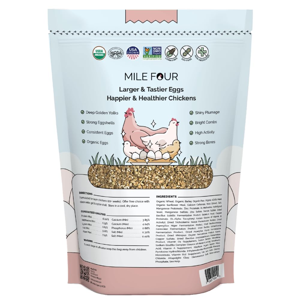 Mile Four Organic Chicken Feed label emphasizes 16% protein for hens.