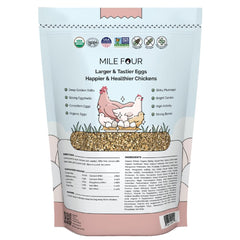 Mile Four Organic Chicken Feed label emphasizes 16% protein for hens.