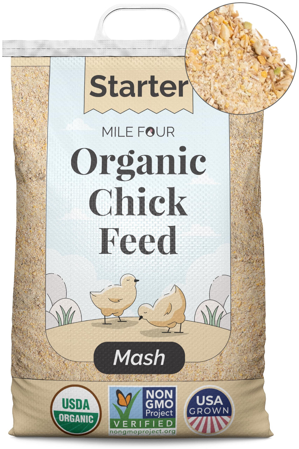 Mile Four organic chicken-feed bag with a sturdy handle for easy carrying.