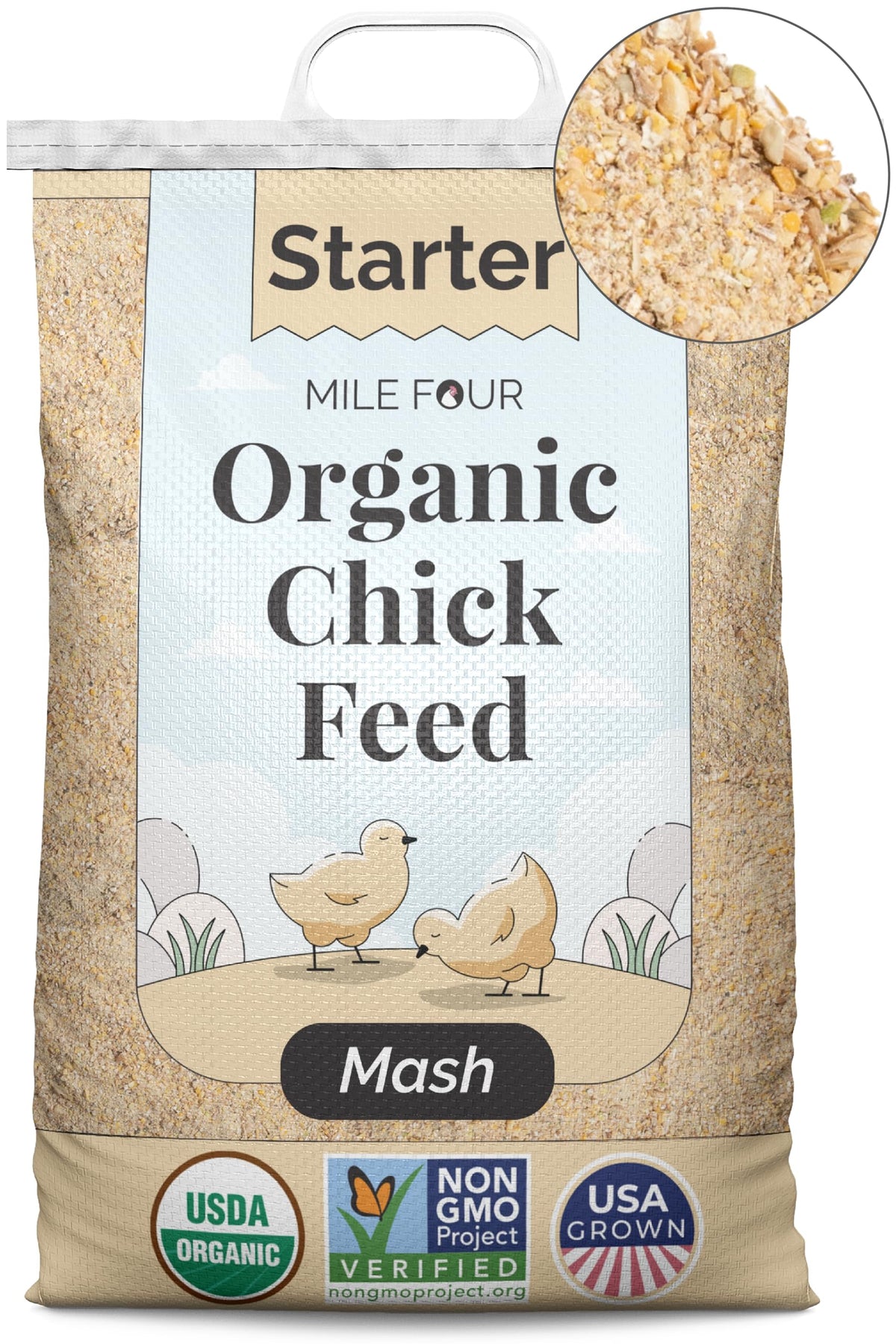 Mile Four organic chicken-feed bag with a sturdy handle for easy carrying.