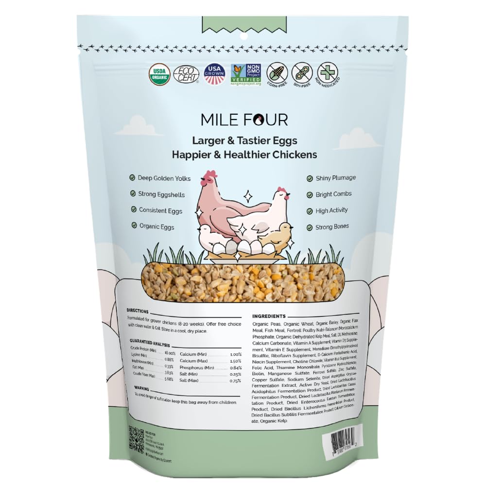 Mile Four organic chicken feed pellets showing uniform texture for reduced waste.