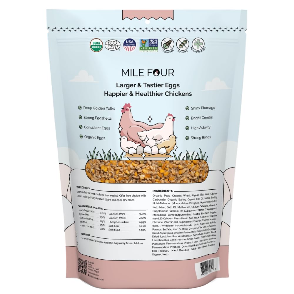 Mile Four Organic Layer Feed pellets reduce waste and promote uniform feeding