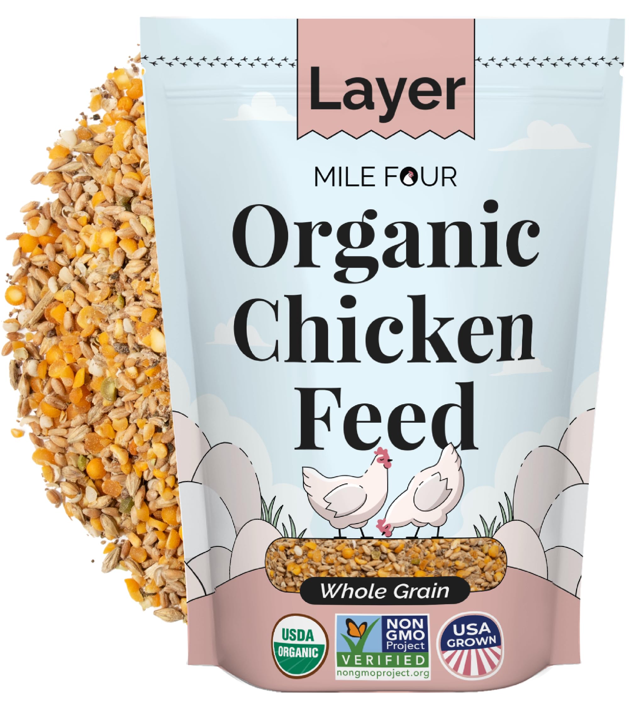 Mile Four Organic Layer Feed with whole grain for balanced nutrition and egg quality