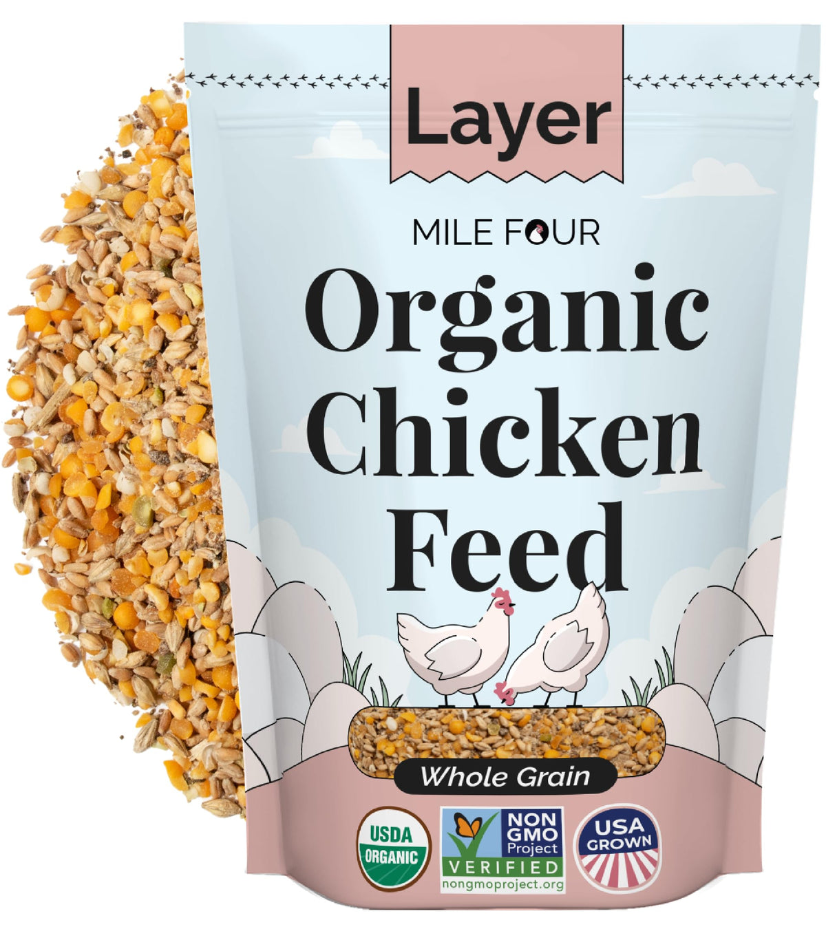 Mile Four Organic Layer Feed with whole grain for balanced nutrition and egg quality