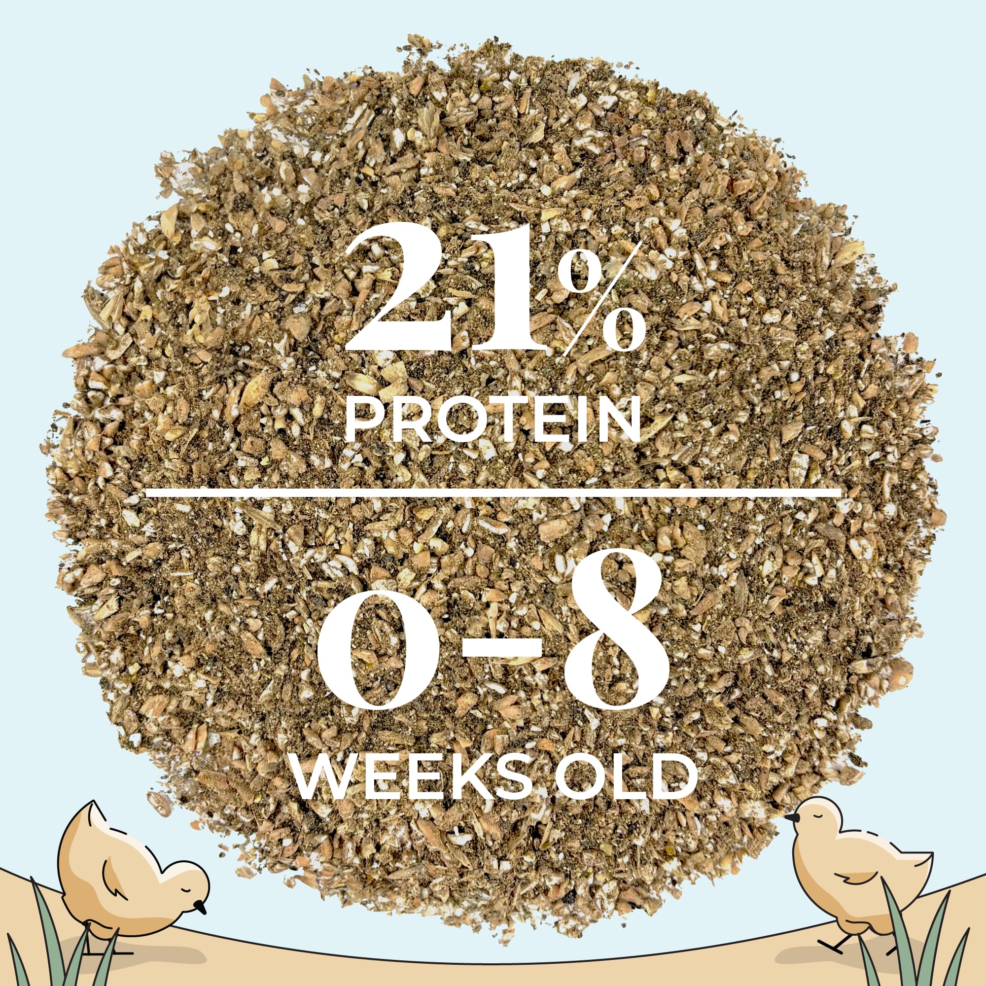Mile Four pellet chicken feed bag highlights uniform texture to reduce waste.