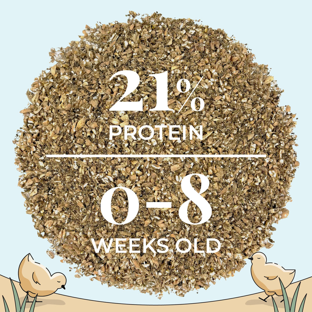 Mile Four pellet chicken feed bag highlights uniform texture to reduce waste.