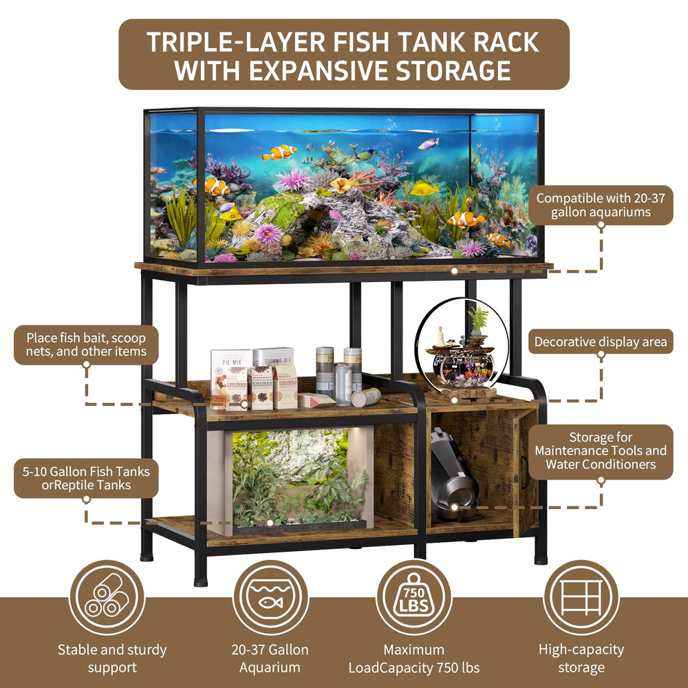 MILEFA storage cabinet neatly organizes fish food, test kits, nets, and decor.