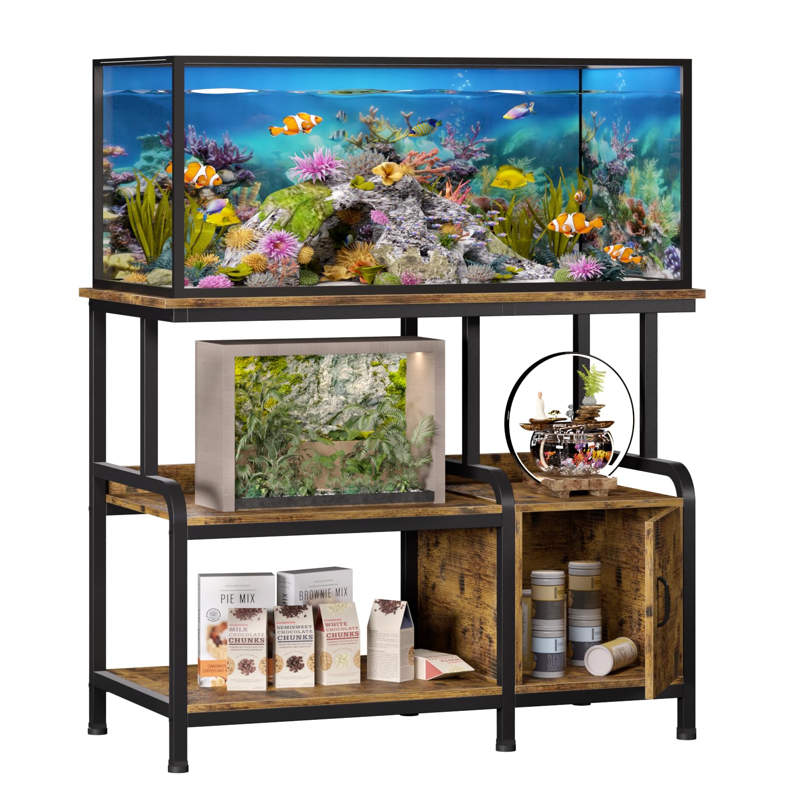 MILEFA terrarium rack lower shelves provide accessible storage for essentials.