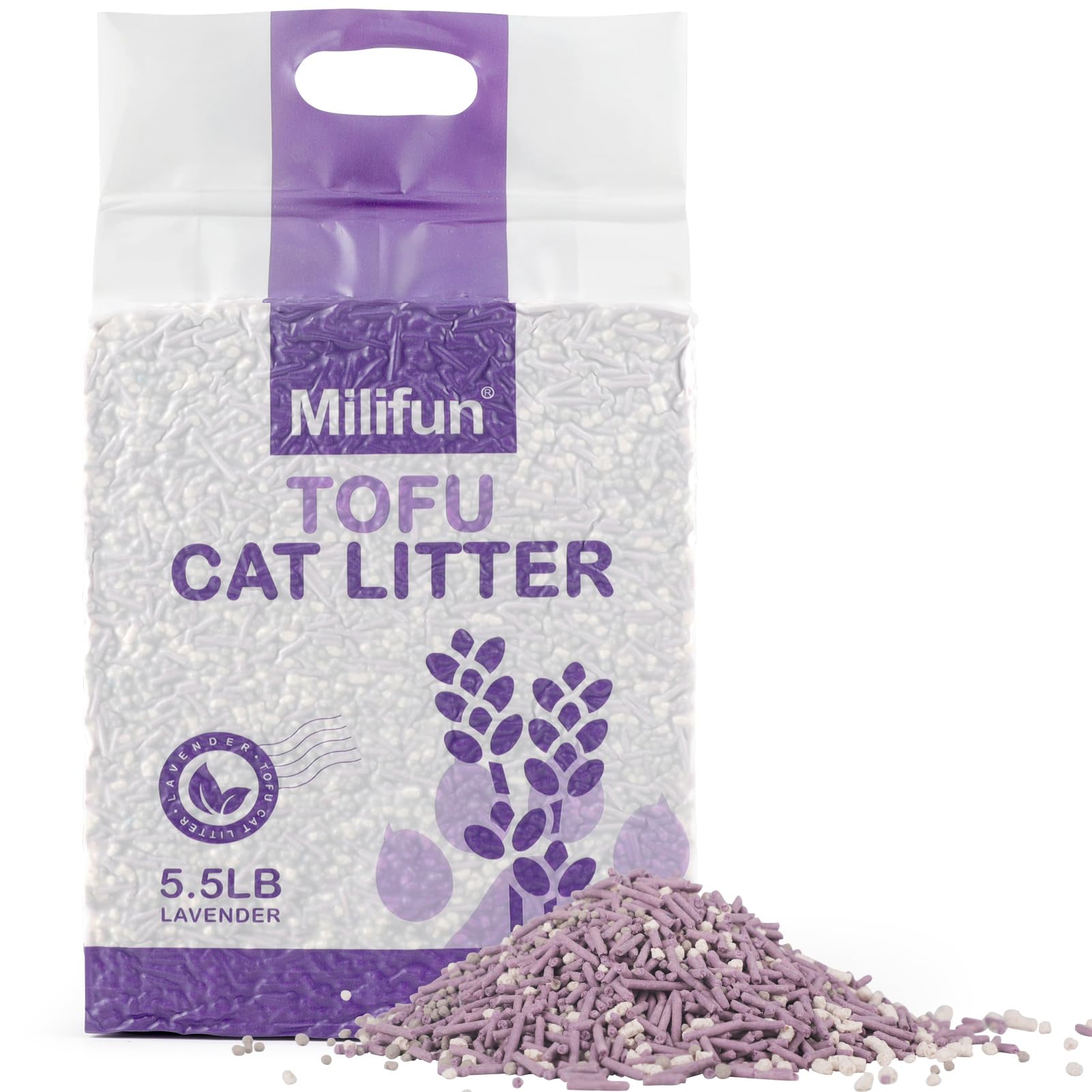 MILIFUN Tofu Cat Litter lavender-dust-free pour shows clean air and odor control.