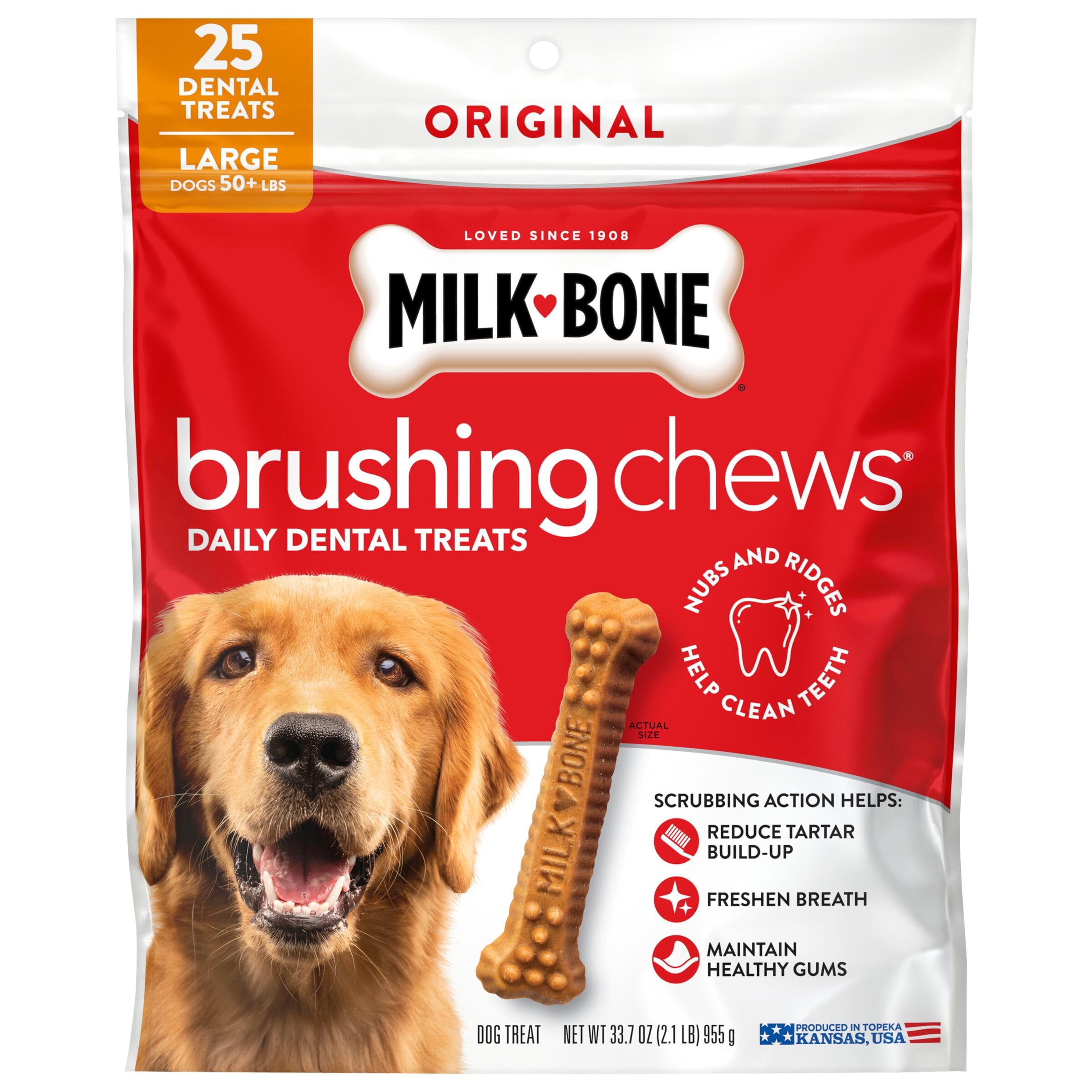 Milk-Bone Brushing Chews 33.7 oz bag ready for use.